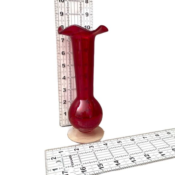 Vintage Ruby Red Glass Bud Vase 8" Ruffled Top Hand Blown Cranberry Style - Picture 3 of 7